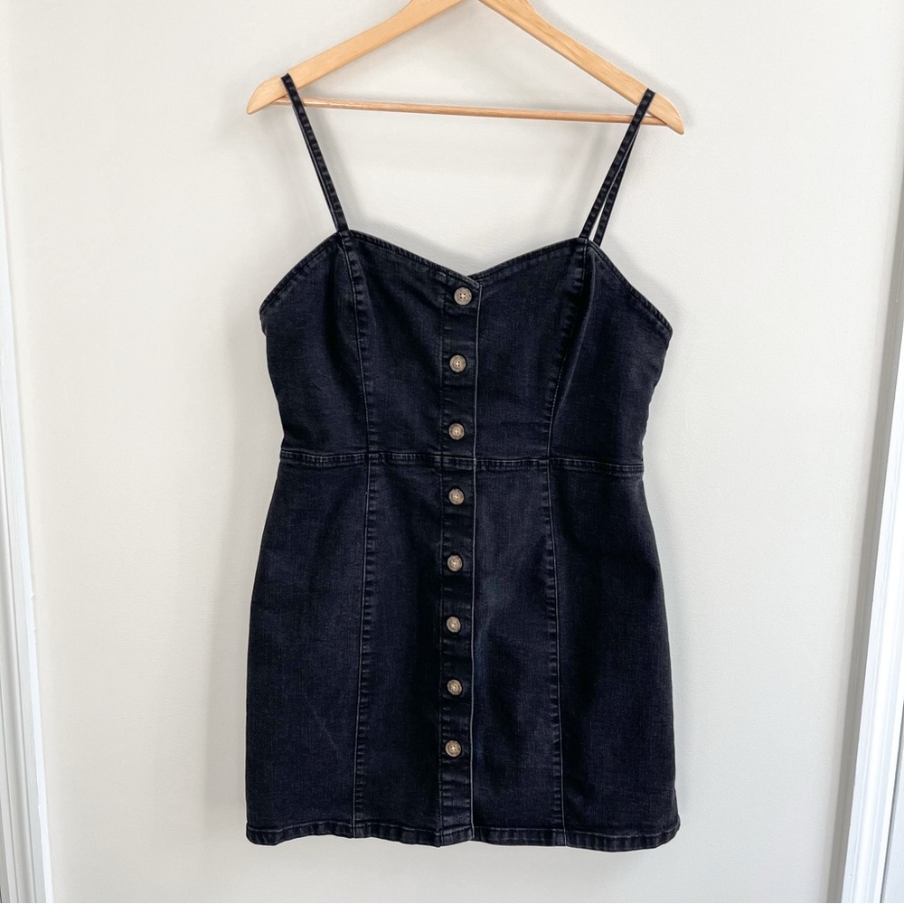 Denim Co Black Stretch Denim Button Front Mini Dress w/ Thin Straps 12